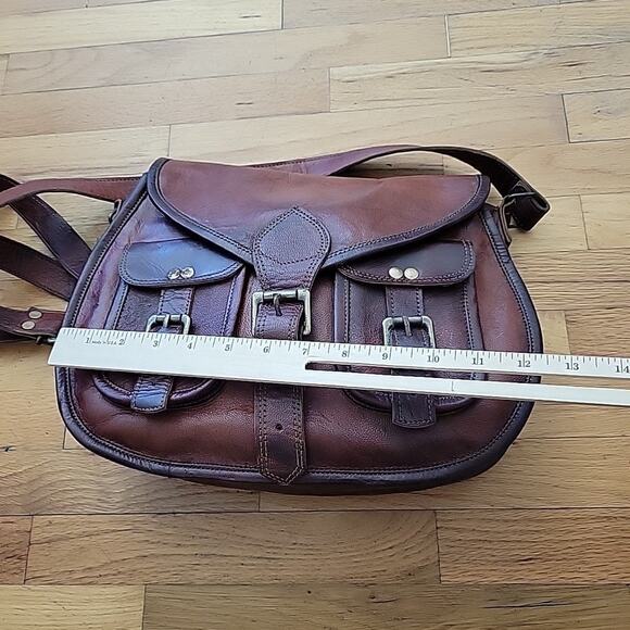 Vintage Distressed Brown Genuine Leather Crossbody Saddlebag Boho Hippie Western - Picture 7 of 11